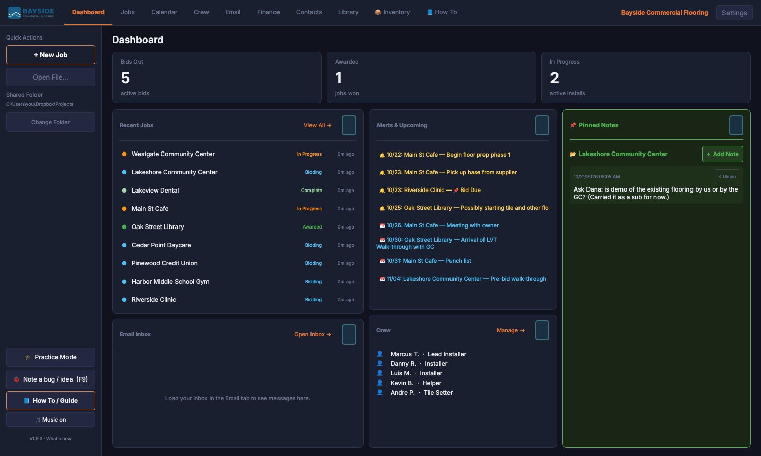 TCE dashboard: bids out, jobs awarded, jobs in progress, recent jobs, alerts and upcoming dates, and the crew