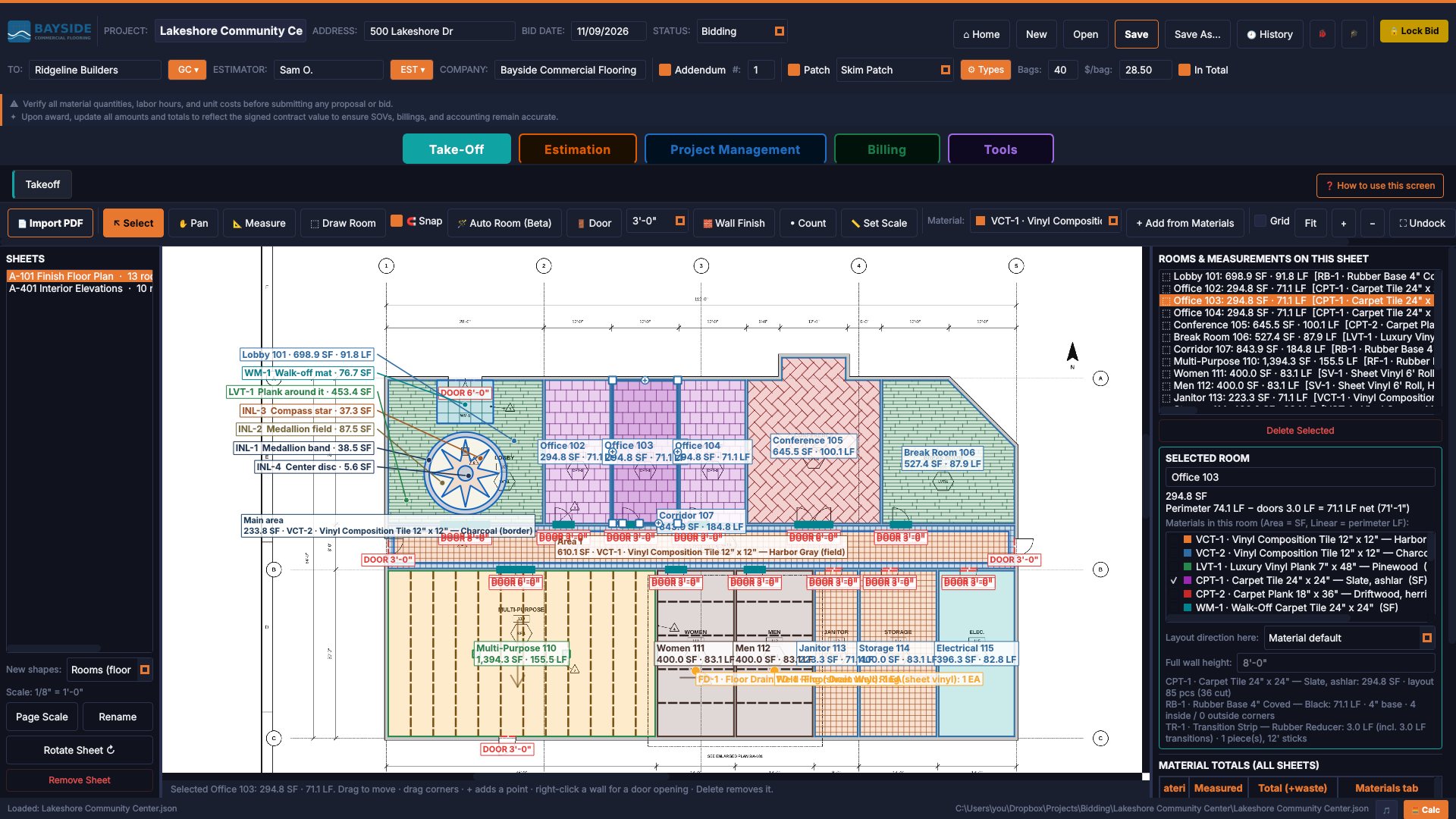 TCE take-off: a community center floor plan with every room measured in carpet tile, carpet plank, luxury vinyl, VCT, sheet vinyl and rubber, doors marked, and the selected room's materials listed on the right