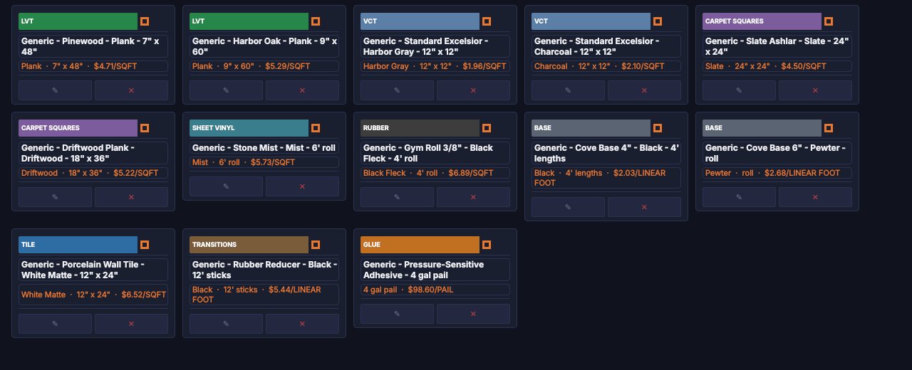 The material library with product cards showing category, size, unit and price