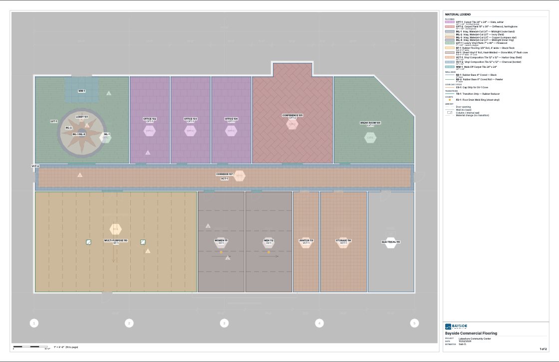 Printed shop drawing of the community center floor plan with each room shaded by finish, tags, a material legend and a title block with the example company logo